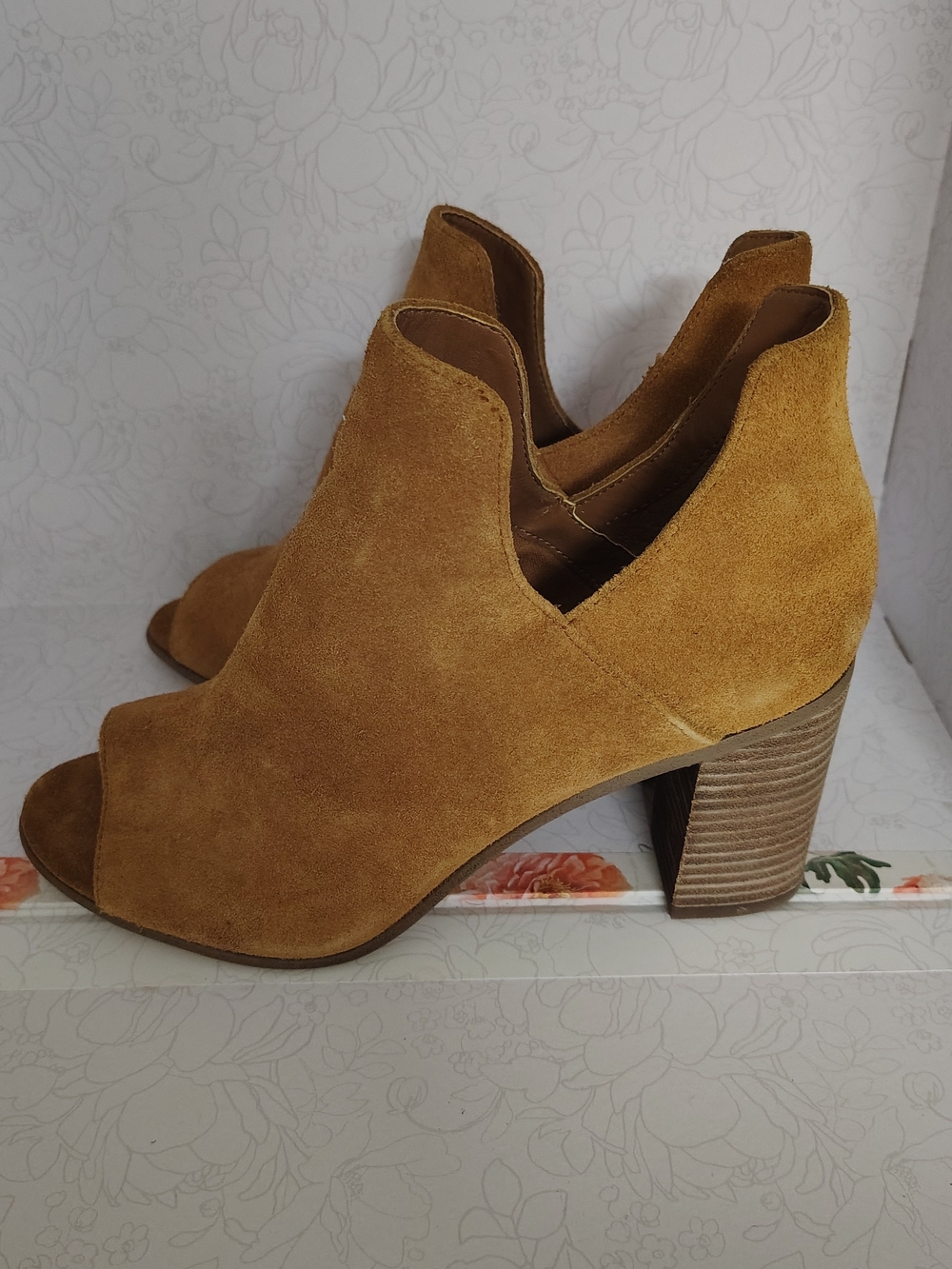 Steve Madden Mustard Suede Peep-Toe Block Heel Booties